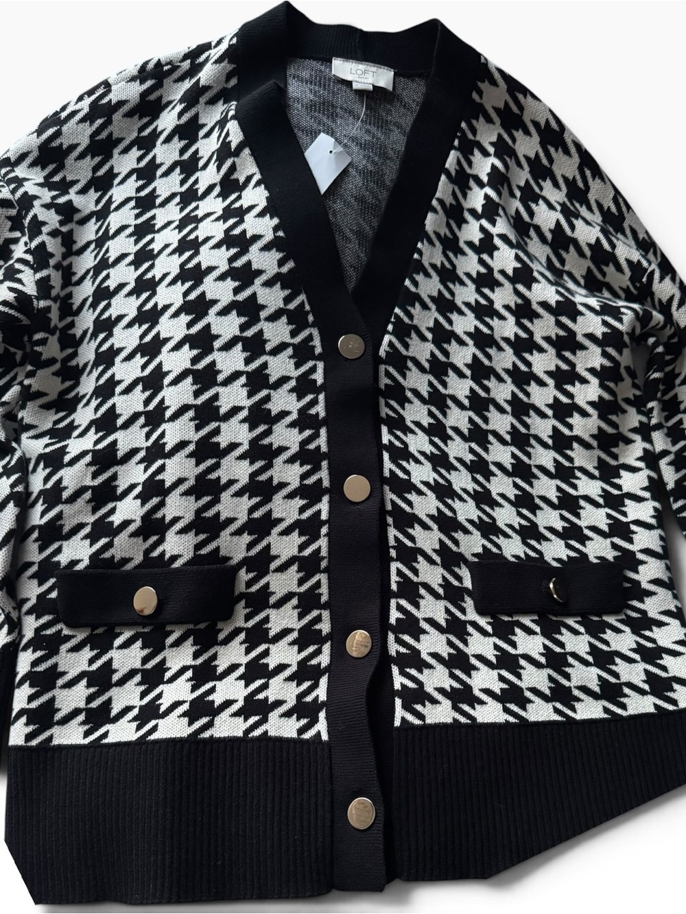 LOFT Black & White Houndstooth Cardigan with Gold Buttons